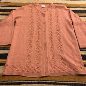 VTG Pink Knit Cardigan Sweater Button Lace Large Coquette Cottage Femme Granny‎